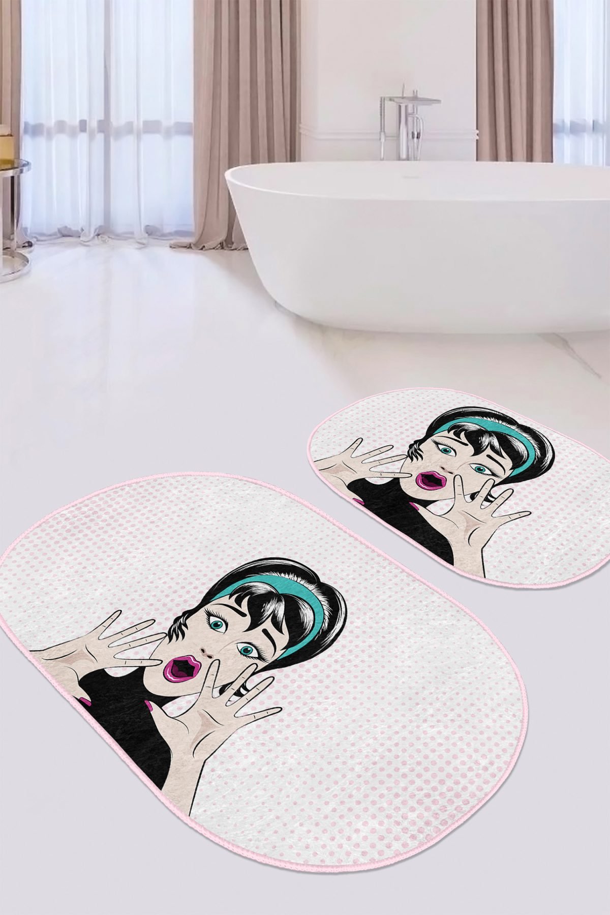 Şaşkın Pop-Art Dijital Baskılı 2'li Oval Kaymaz Tabanlı Banyo & Mutfak Paspas Takımı Realhomes