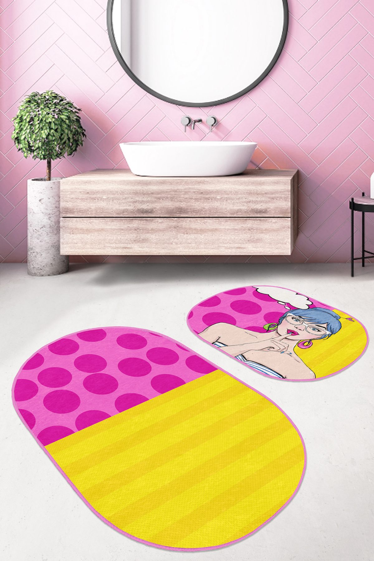 Pembe Sarı Pop-Art Motifli 2'li Oval Kaymaz Tabanlı Banyo & Mutfak Paspas Takımı Realhomes