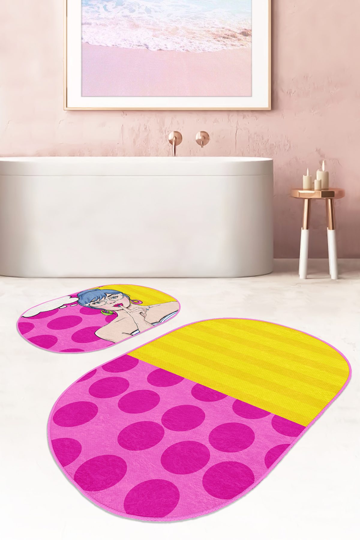 Pembe Sarı Pop-Art Motifli 2'li Oval Kaymaz Tabanlı Banyo & Mutfak Paspas Takımı Realhomes