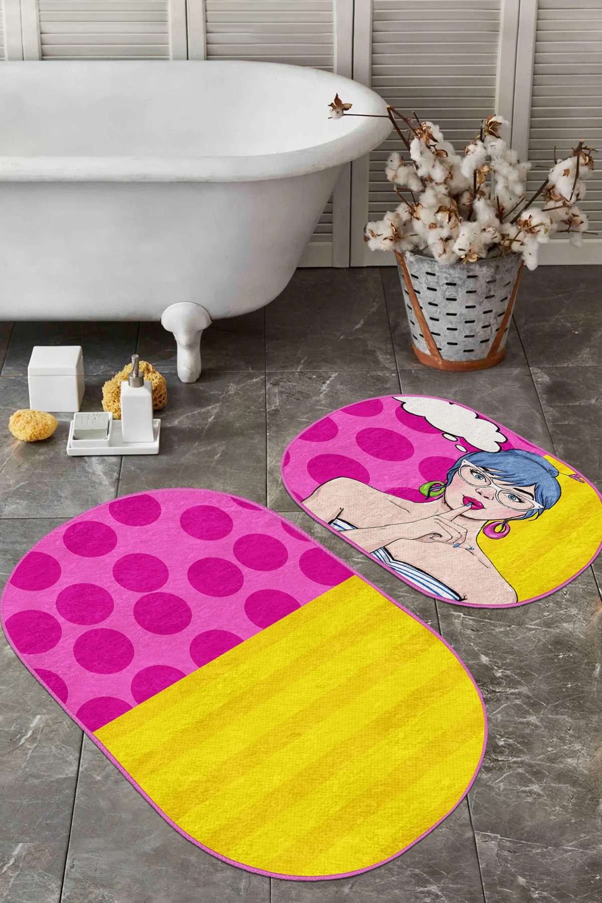 Pembe Sarı Pop-Art Motifli 2'li Oval Kaymaz Tabanlı Banyo & Mutfak Paspas Takımı Realhomes