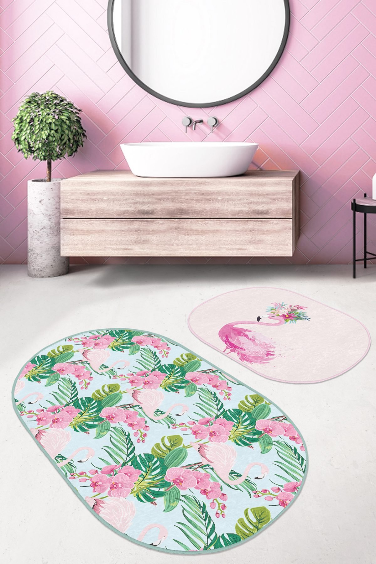 Flamingo Motifli Renkli 2'li Oval Kaymaz Tabanlı Banyo Paspas Takımı & Banyo Halı Seti Realhomes