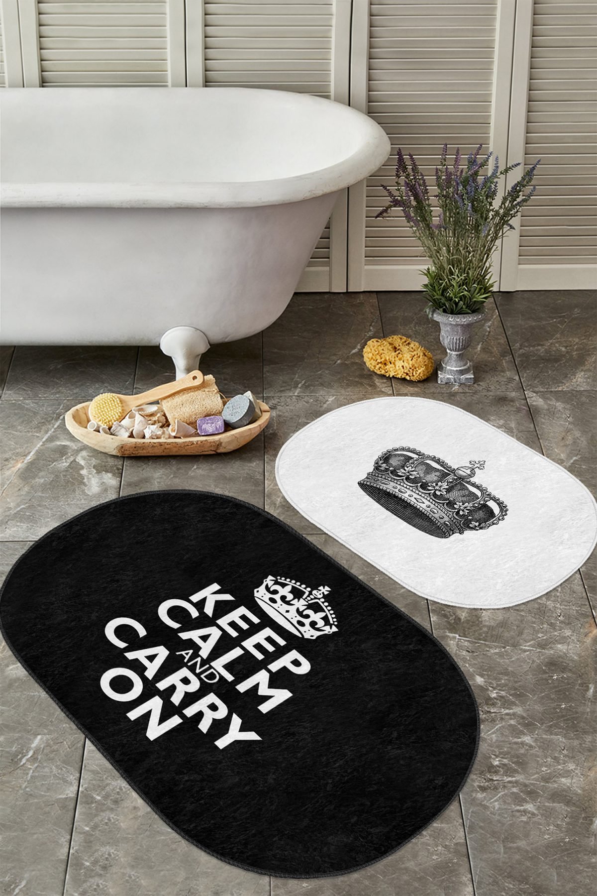 Keep Calm And Carry On 2'li Oval Kaymaz Tabanlı Banyo Paspas Seti & Mutfak Paspas Takımı Realhomes