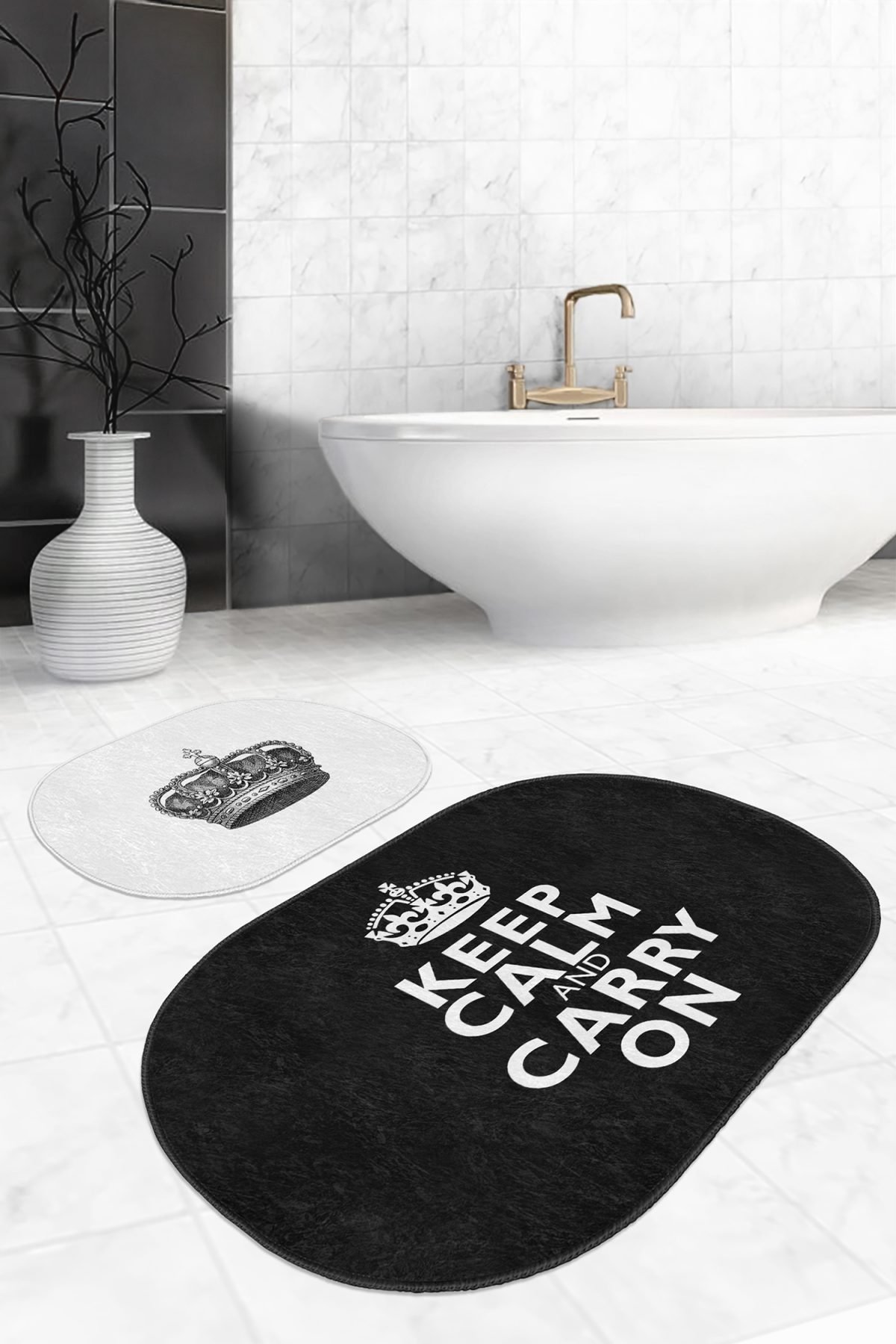 Keep Calm And Carry On 2'li Oval Kaymaz Tabanlı Banyo Paspas Seti & Mutfak Paspas Takımı Realhomes