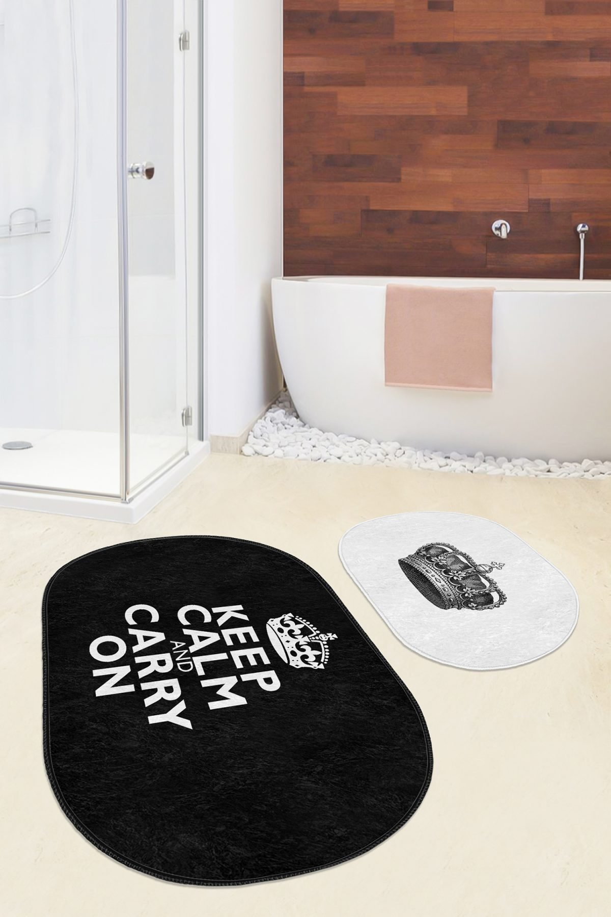 Keep Calm And Carry On 2'li Oval Kaymaz Tabanlı Banyo Paspas Seti & Mutfak Paspas Takımı Realhomes