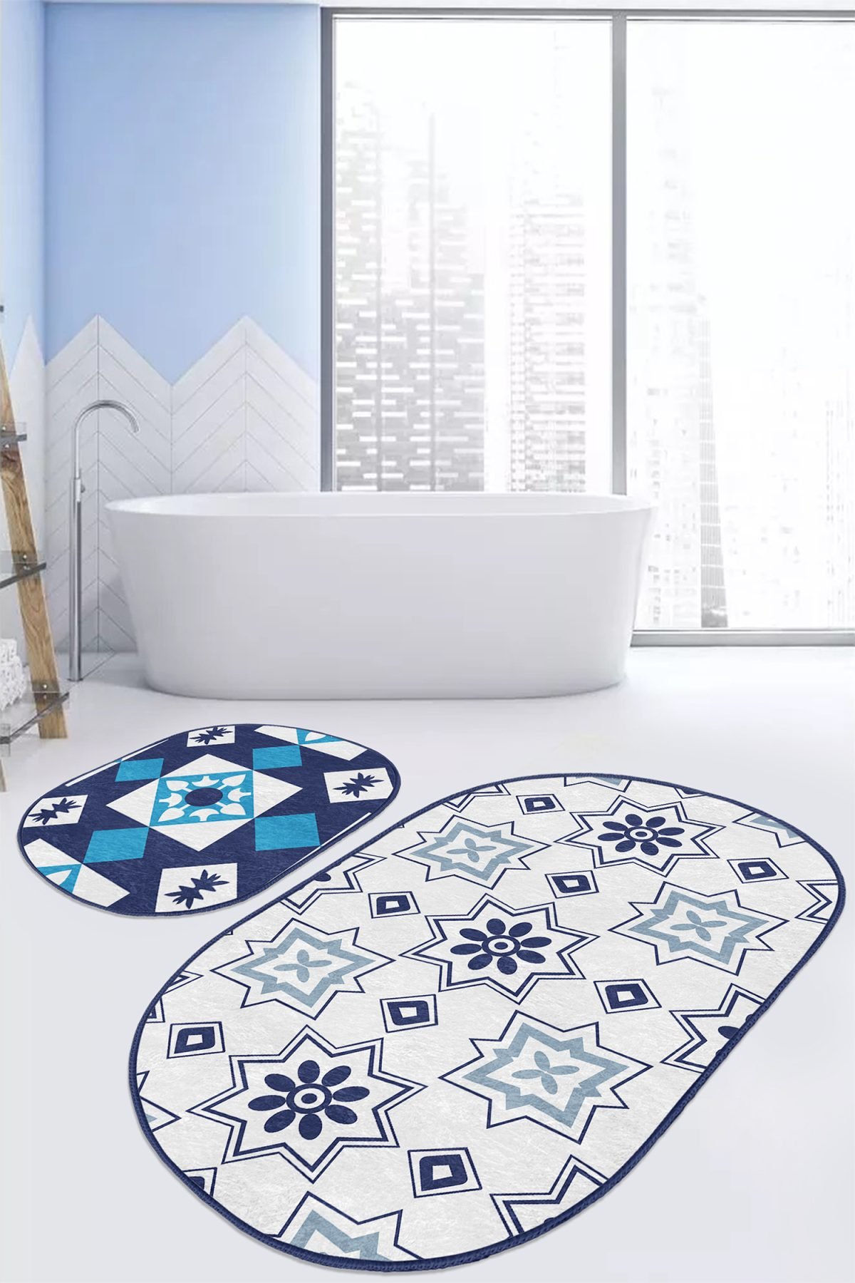 Geometrik Çizimli Lacivert Motifli 2'li Oval Kaymaz Tabanlı Banyo Paspas Takımı & Mutfak Halı Seti Realhomes