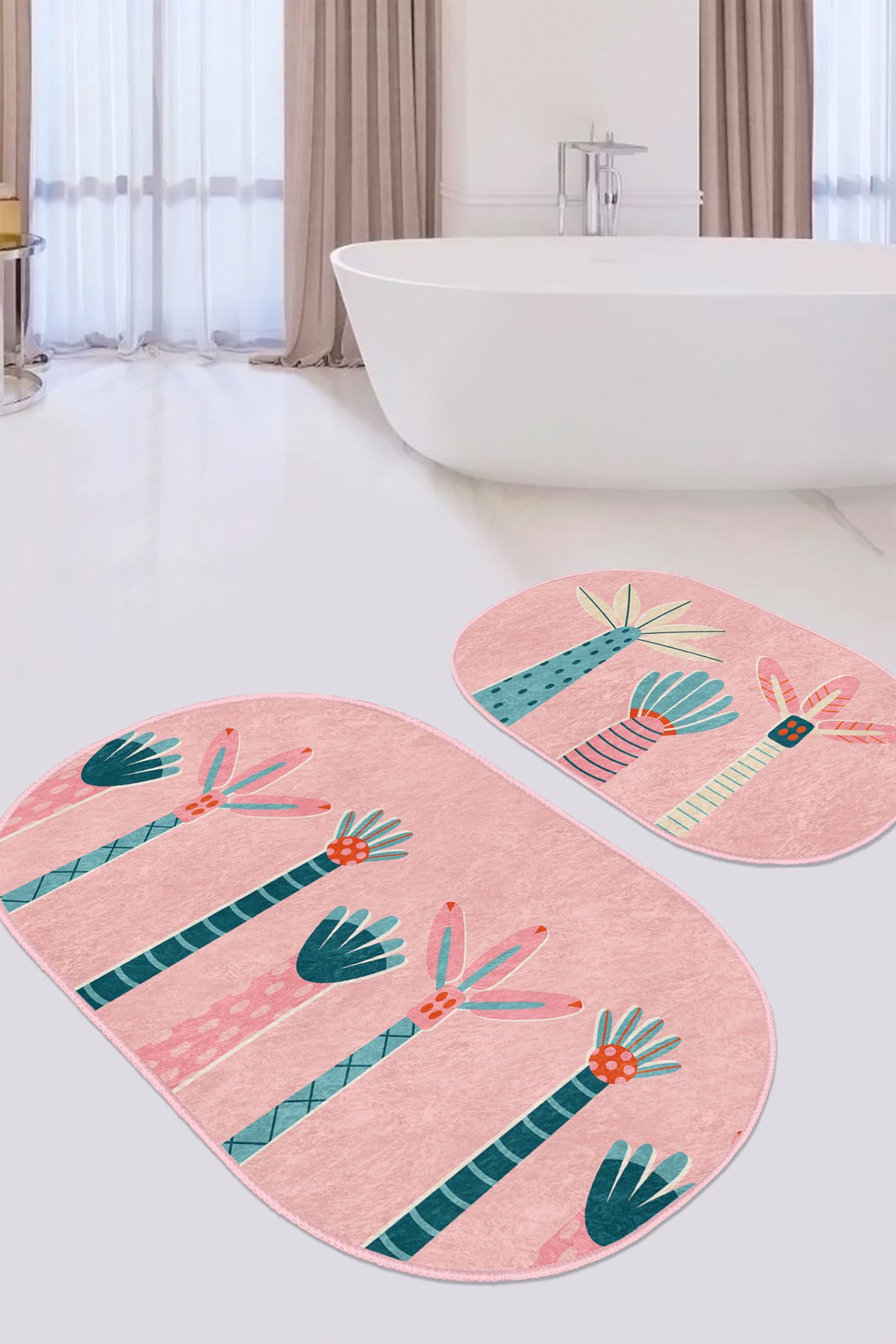 Pembe Zemşn Palmiye Ağacı Çizimli 2'li Oval Banyo Paspas Takımı & Mutfak Paspas Takımı Realhomes