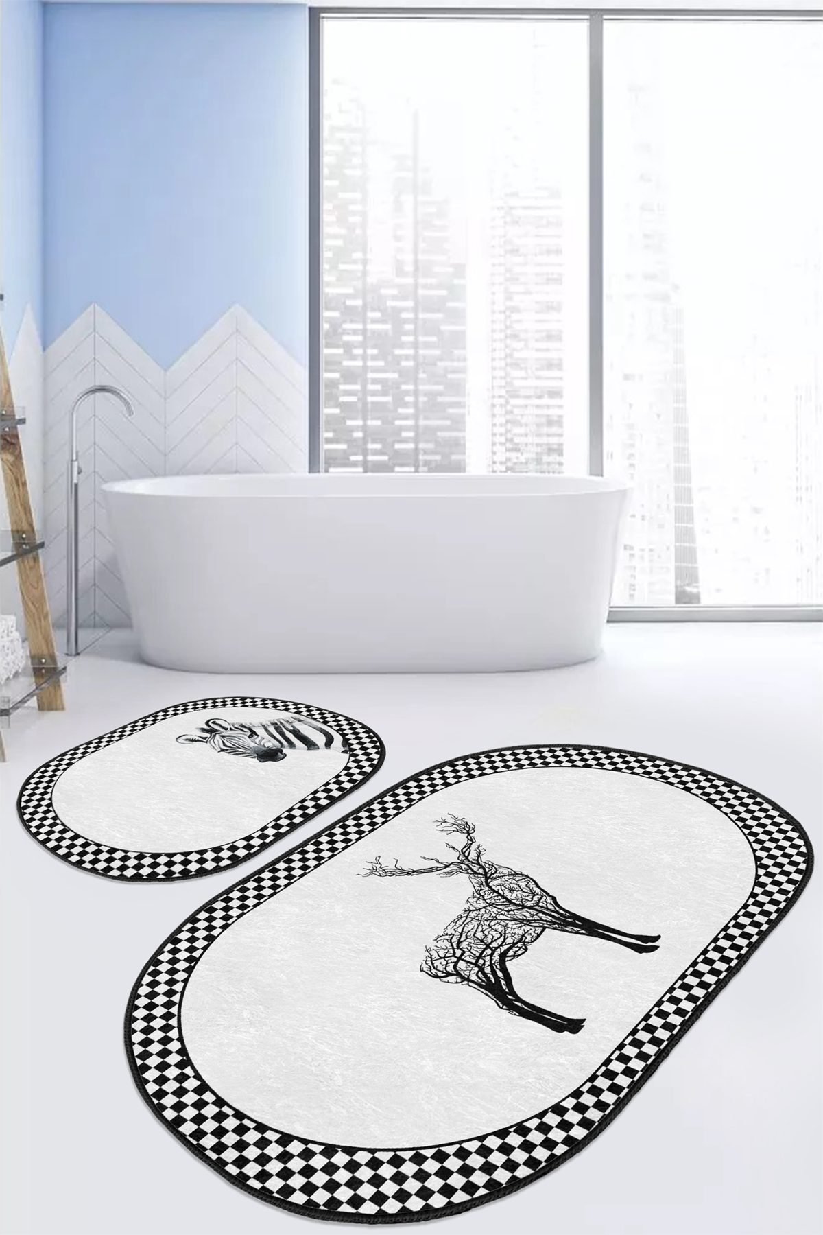 Zebra Motifli Geytik Tasarımlı 2'li Oval Kaymaz Tabanlı Banyo Paspas Takımı & Mutfak Paspas Seti Realhomes