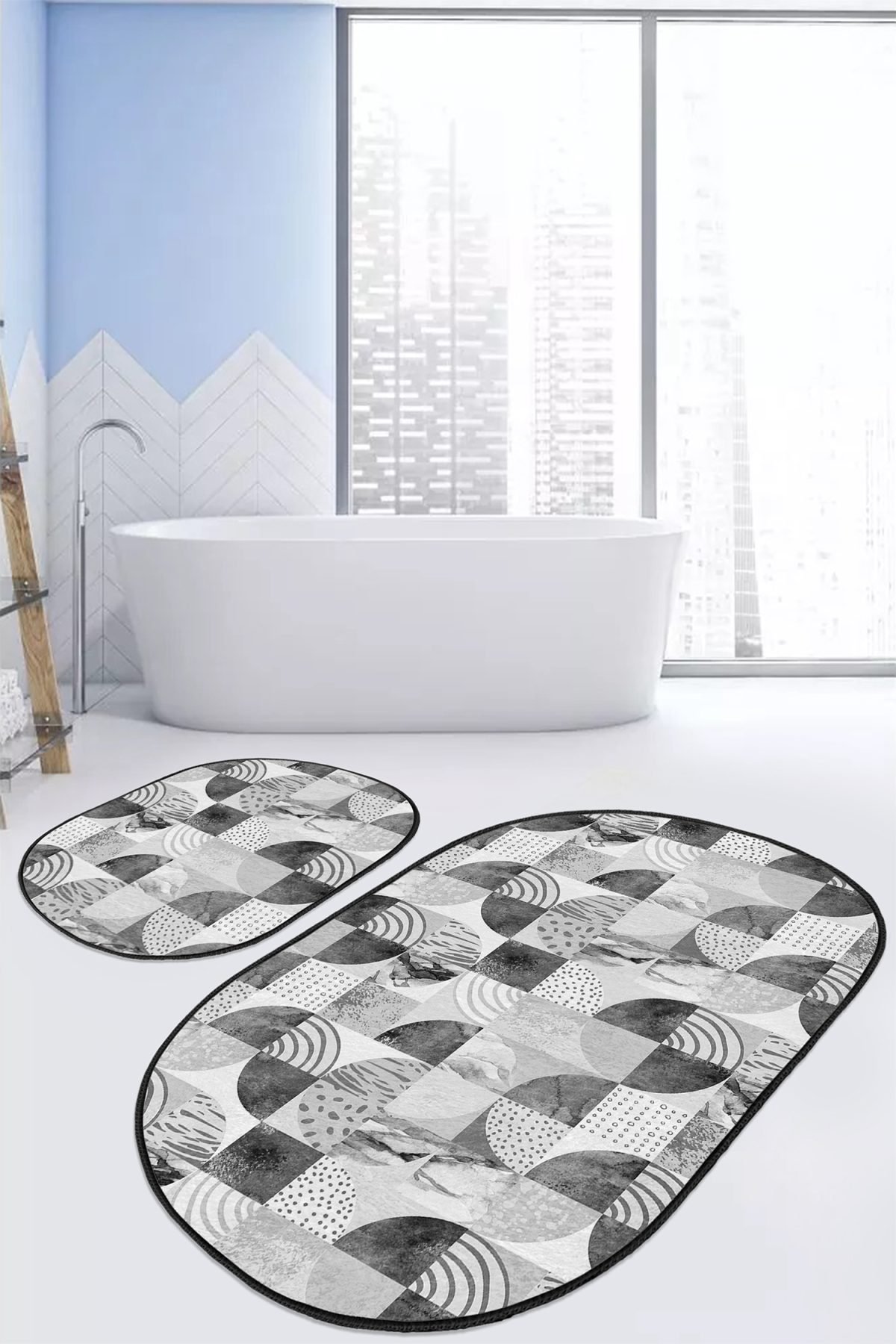 Gri Geometrik Mermer Motifli 2'li Oval Kaymaz Tabanlı Banyo Halı Takımı & Mutfak Paspas Seti Realhomes