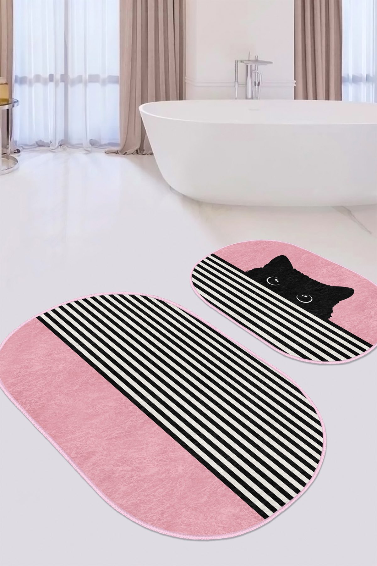 Pembe Zemin Çizgili Kedi Özel Tasarım 2'li Oval Banyo Paspas Takımı & Mutfak Paspas Seti Realhomes