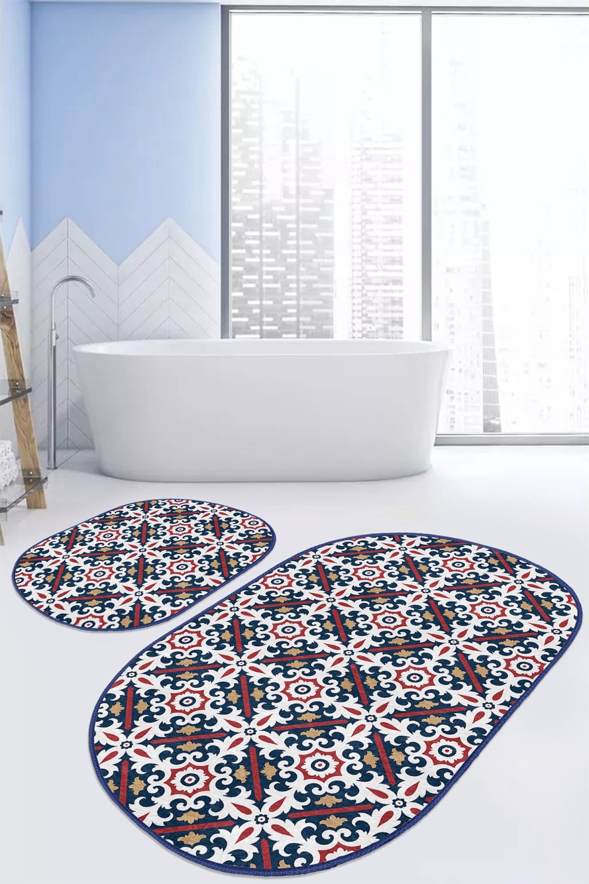 Geometrik Lacivert Çizimli 2'li Oval Kaymaz Tabanlı Mutfak Paspas Seti & Banyo Halı Takımı Realhomes