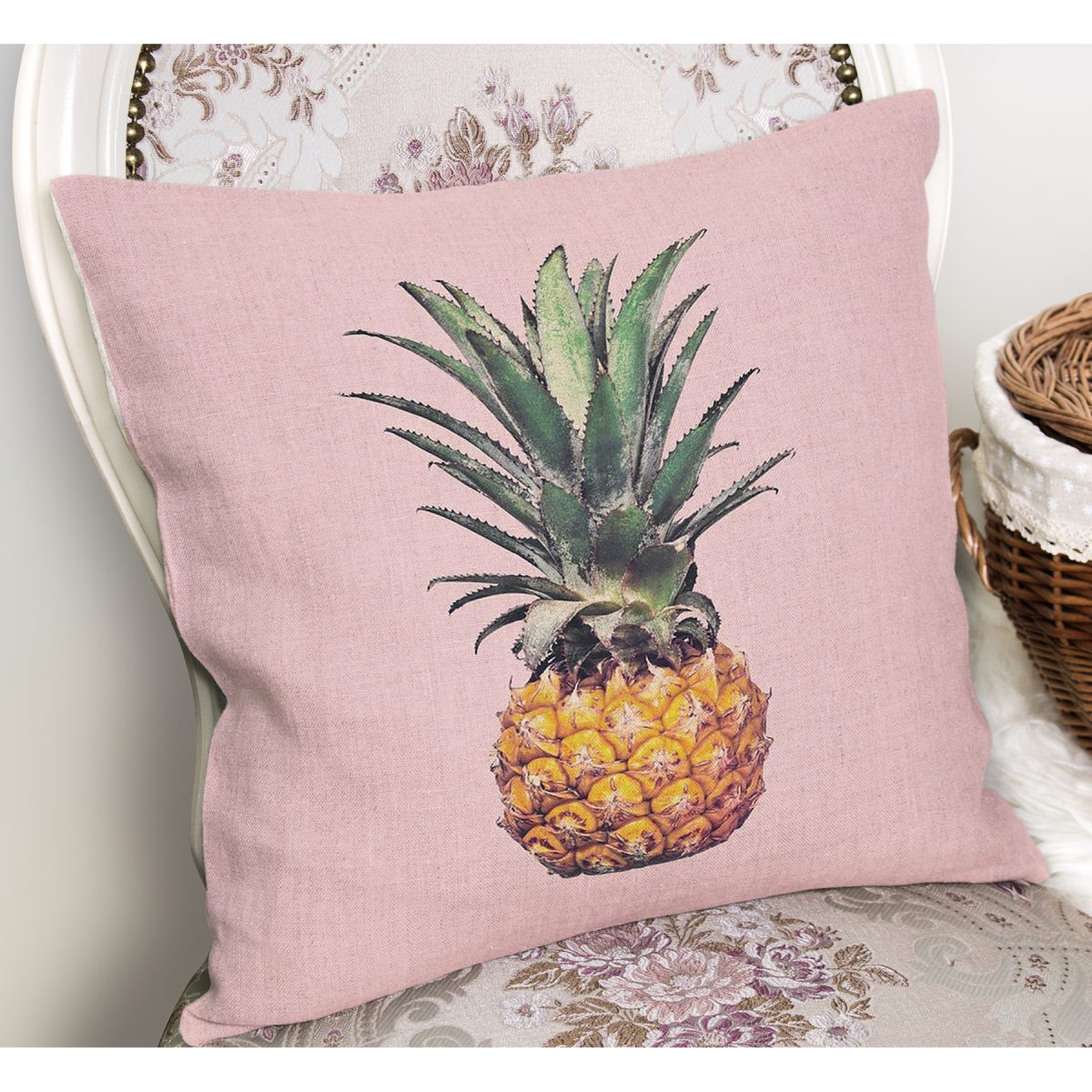 Pembe Zeminli Ananas Tasarımlı Modern Yastık Kırlent Kılıfı Realhomes