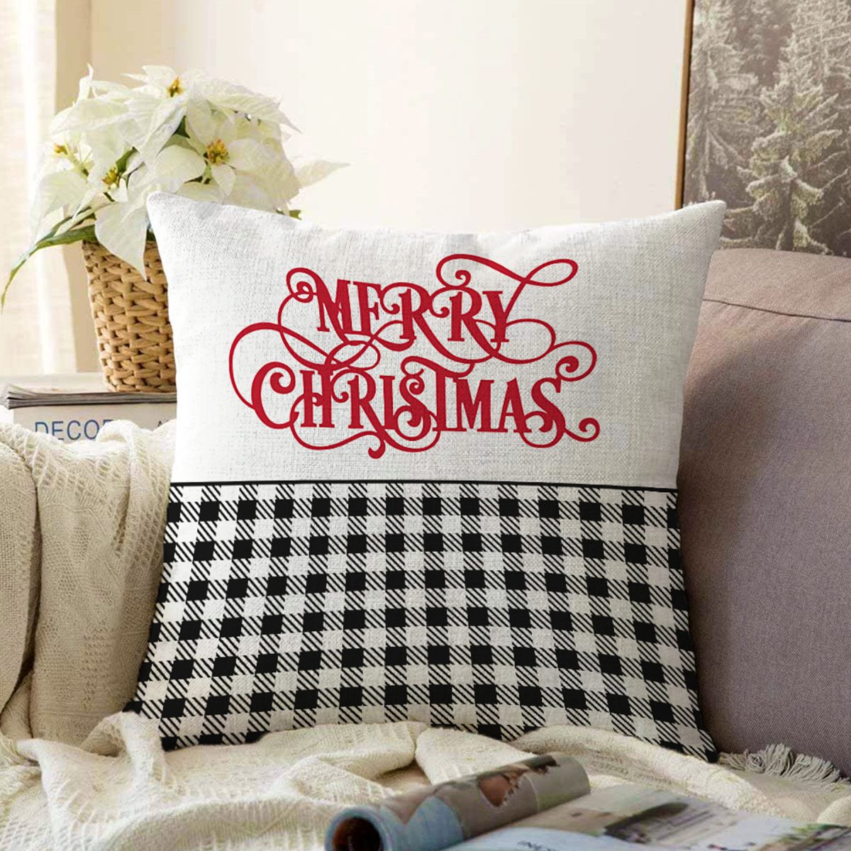 Mery Christmas Temalı Ekose Tasarımlı Modern Şönil Yastık Kırlent Kılıfı Realhomes