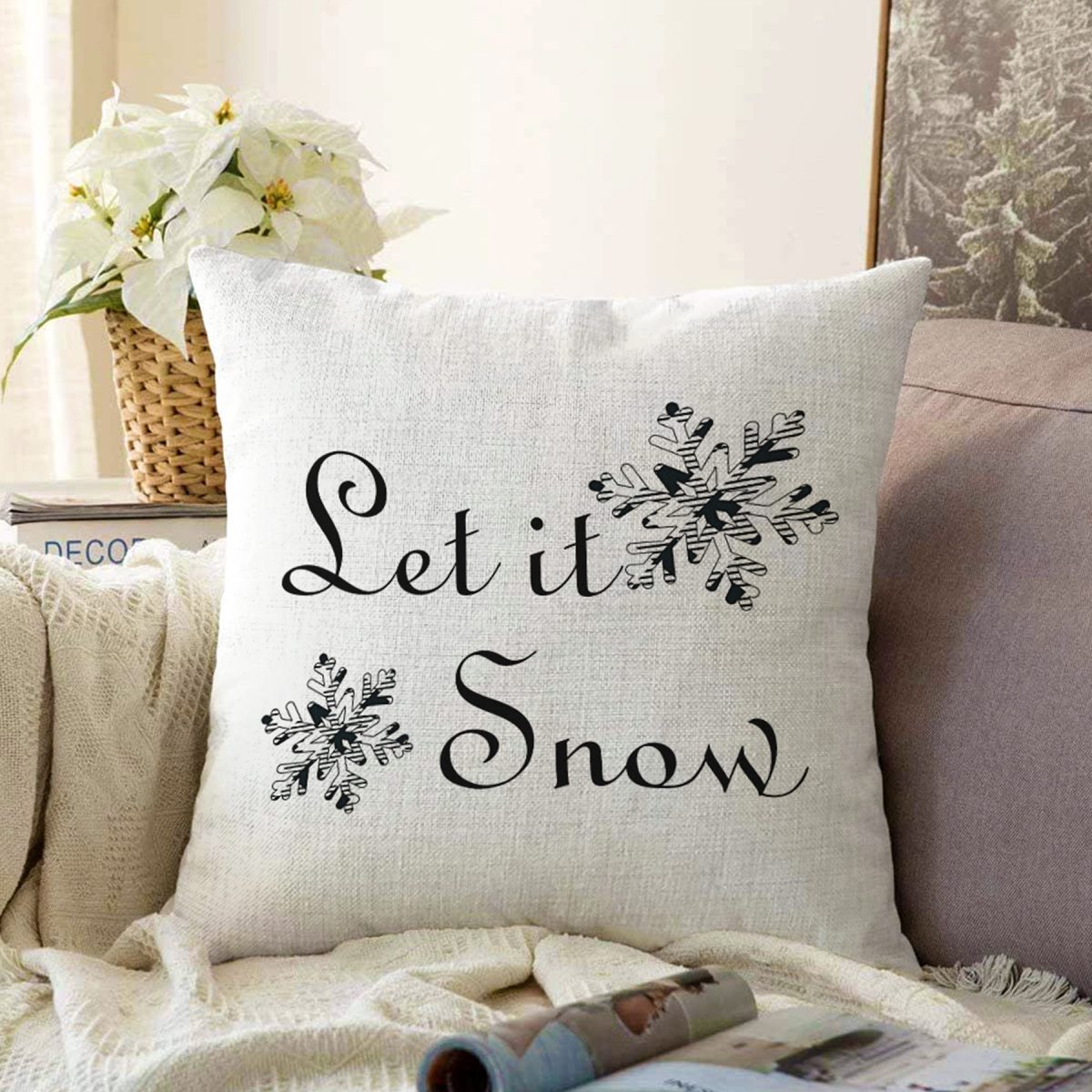 Siyah Beyaz Let it Snow Temalı Dijital Baskılı Şönil Yastık Kırlent Kılıfı Realhomes