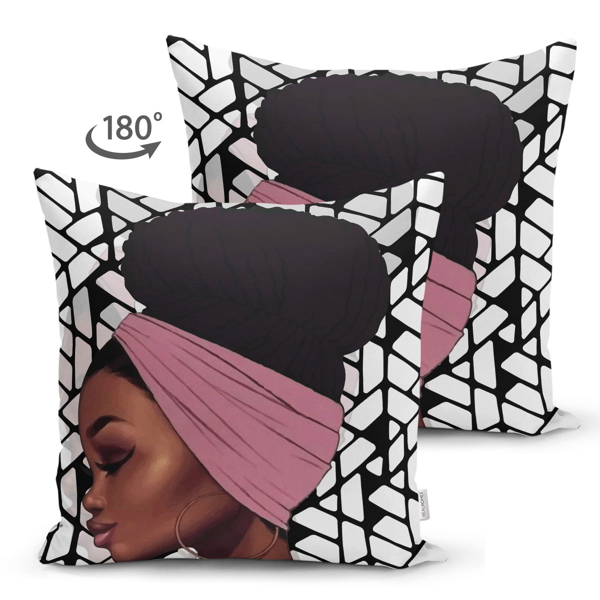 Geometrik Zeminli Siyahi Kadın Figürlü Dekoratif Süet Yastık Kırlent Kılıfı Realhomes