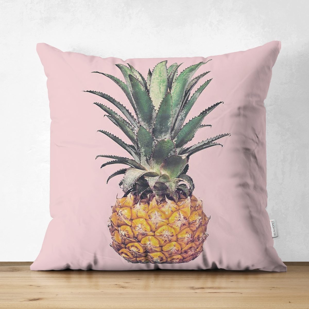 Pembe Zeminli Ananas Tasarımlı Modern Süet Yastık Kırlent Kılıfı Realhomes