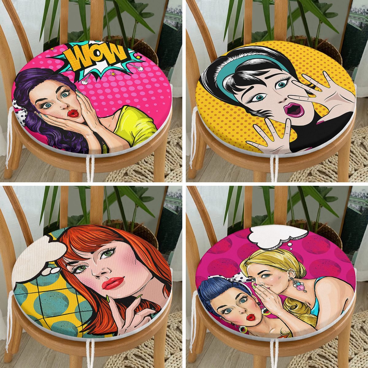 4'lü Pop-Art Fashion Girl Yuvarlak Fermuarlı Sandalye Minderi Seti Realhomes