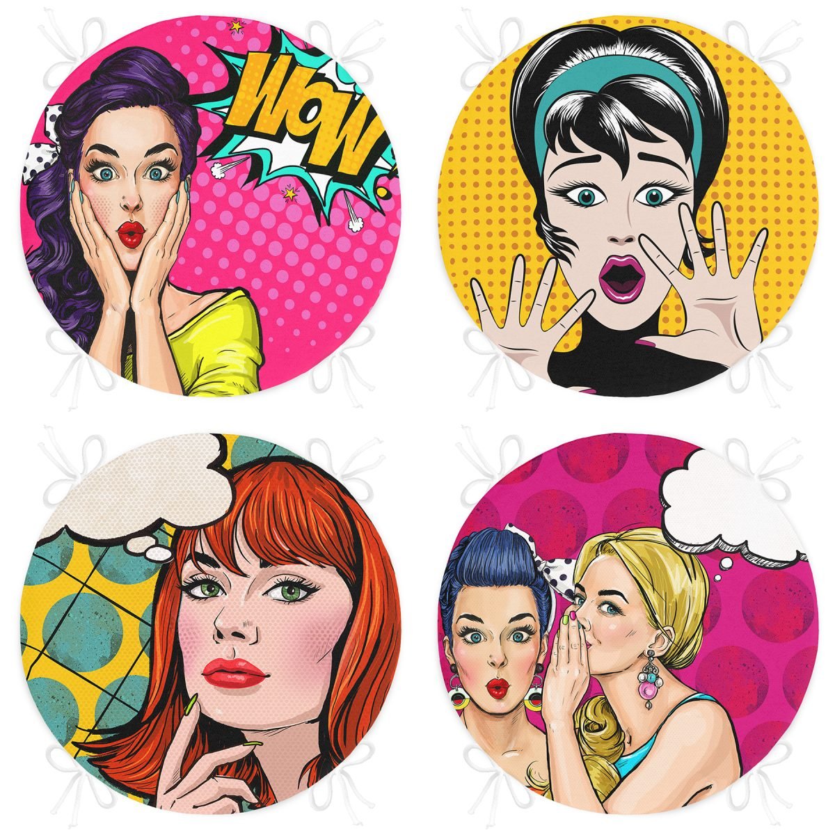 4'lü Pop-Art Fashion Girl Yuvarlak Fermuarlı Sandalye Minderi Seti Realhomes