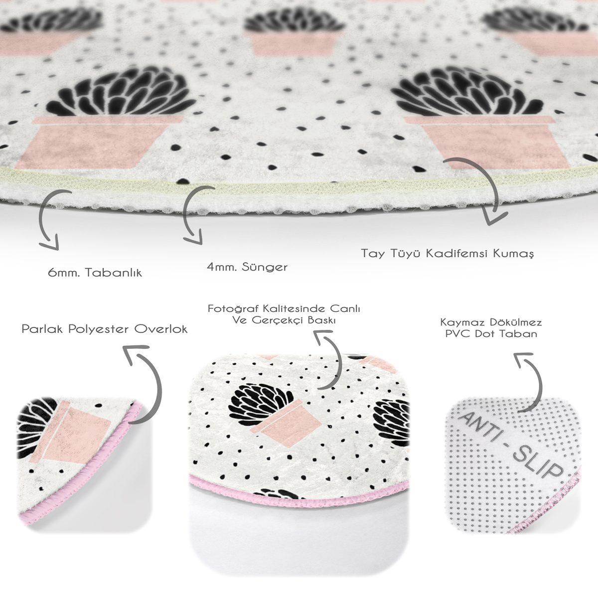 Krem Kumlama Zemin Kaktüs Tasarımlı Dijital Baskılı Modern Pembe Mutfak Yıkanabilir Kaymaz Tabanlı Yuvarlak Halı Realhomes