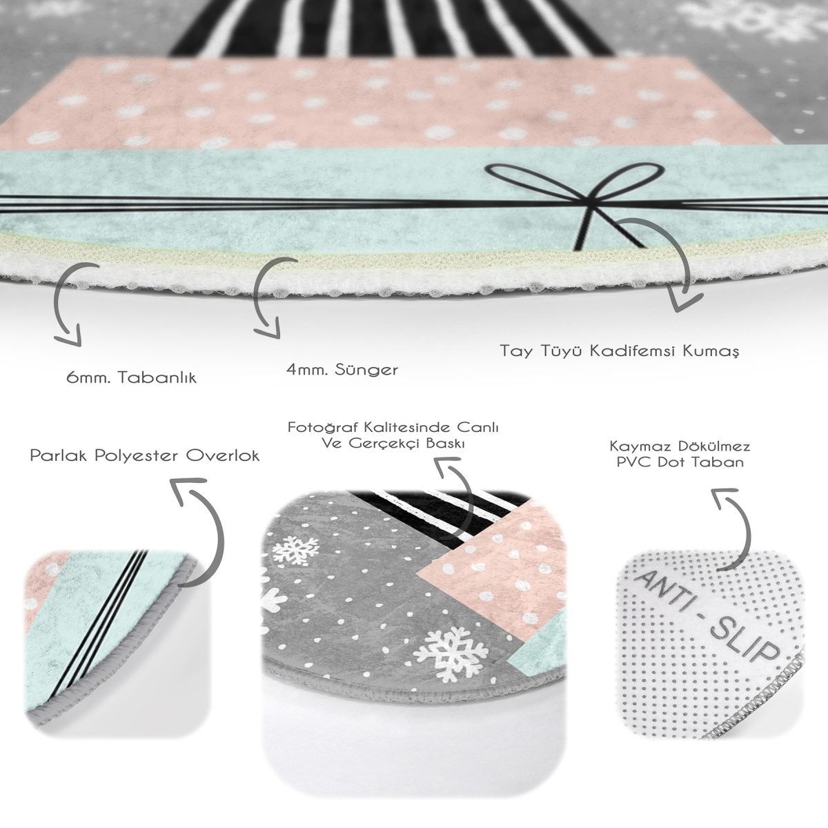 Gri Kar Taneli Zemin Hediye Paketleri Desenli Dijital Baskılı Renkli Mutfak Yıkanabilir Kaymaz Tabanlı Yuvarlak Halı Realhomes