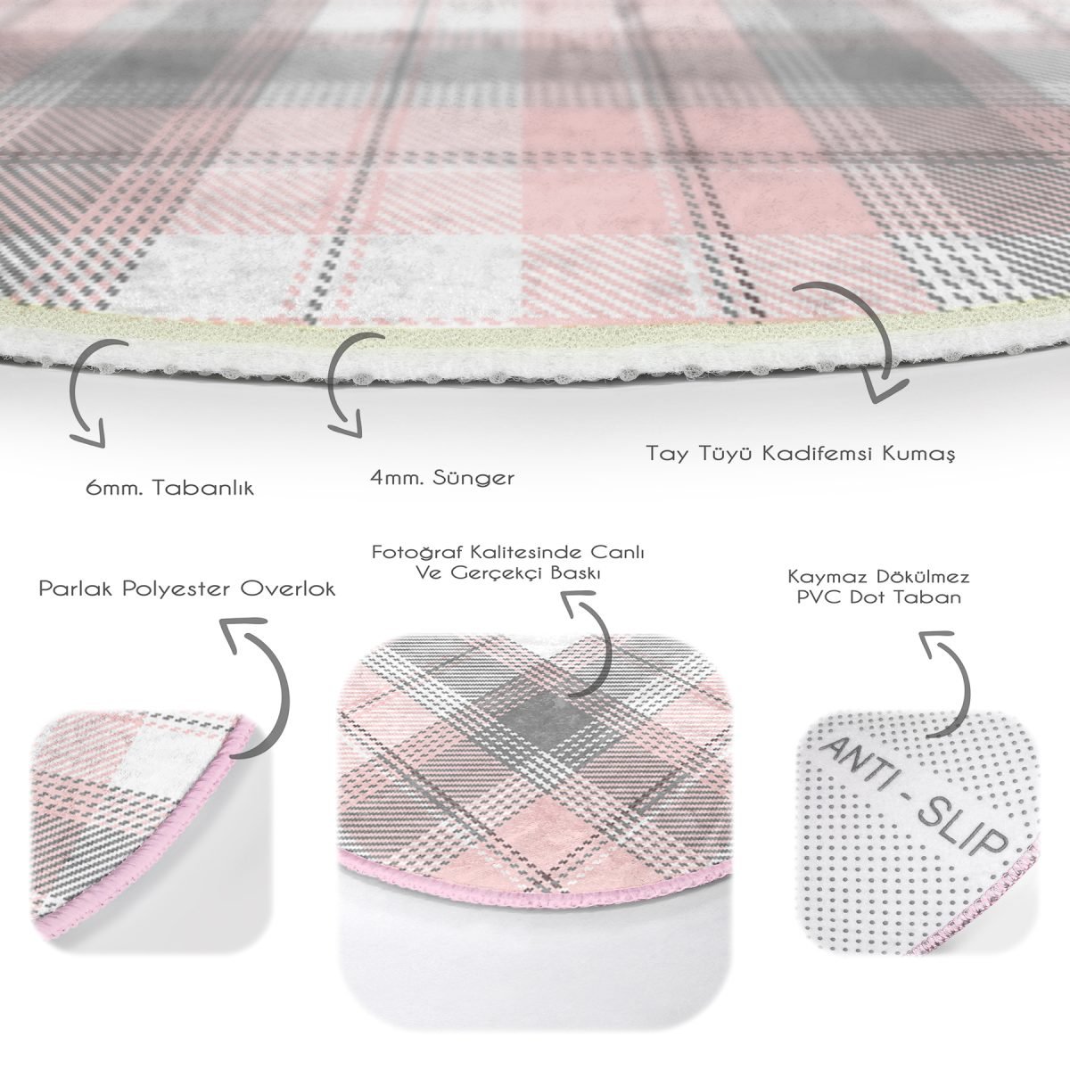 Realhomes Pembe Gri Ekose Desenli Çocuk ve Genç Odası Yıkanabilir Kaymaz Tabanlı Yuvarlak Halı Realhomes
