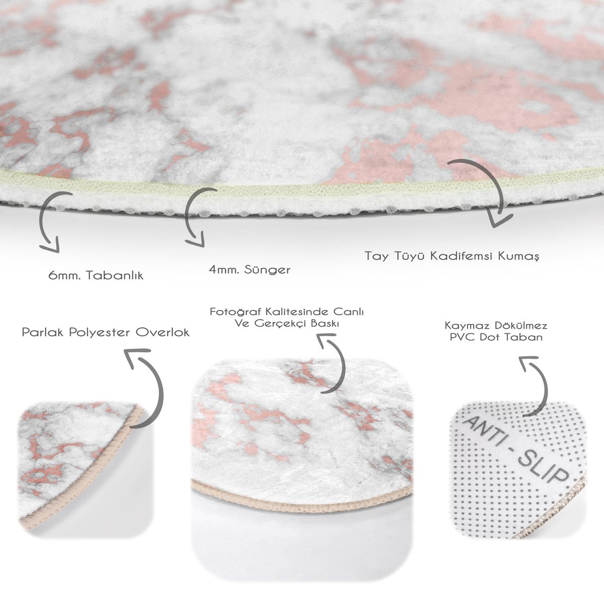 Realhomes Mermer Zeminli Dijital Baskılı Pembe Mutfak Yıkanabilir Kaymaz Tabanlı Yuvarlak Kadife Halı Realhomes