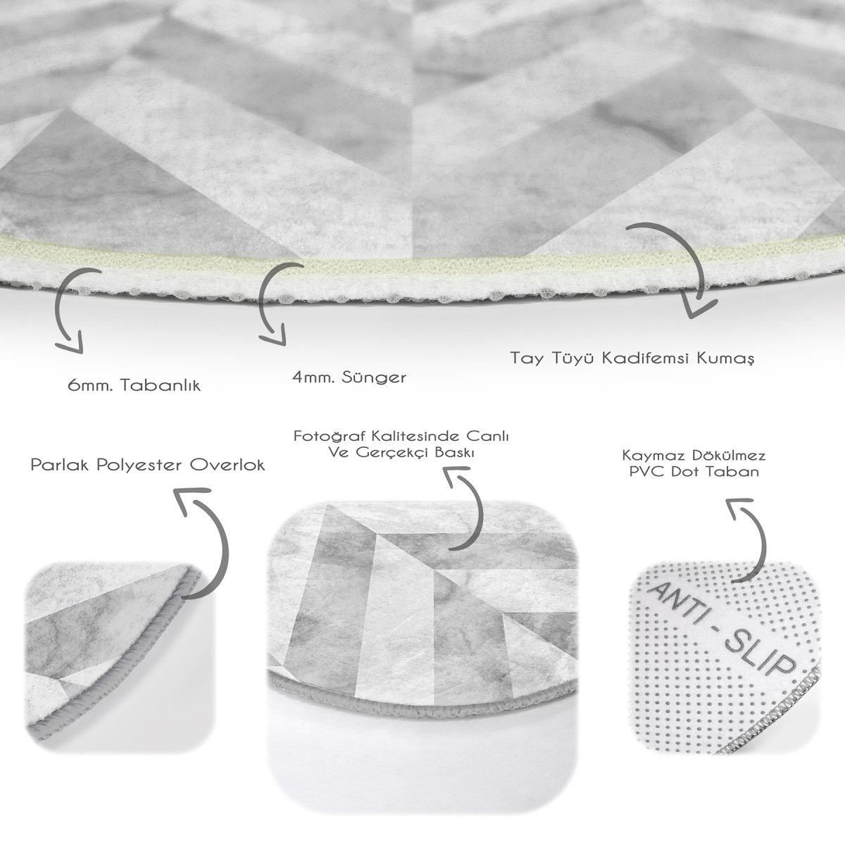 Geometrik Desenli Mermer Zeminli Modern Gri Salon ve Oturma Odası Yıkanabilir Kaymaz Tabanlı Yuvarlak Halı Realhomes
