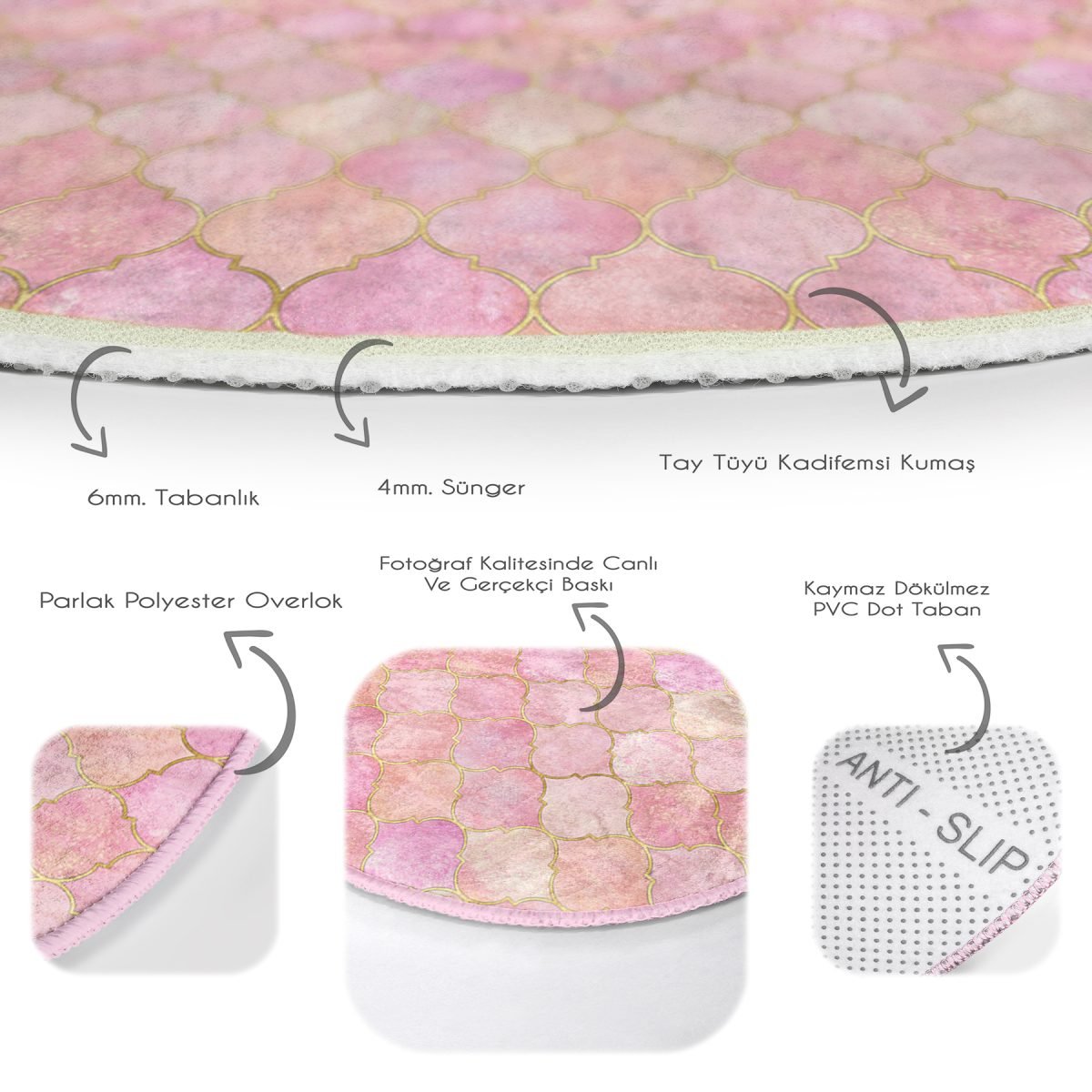 Pudra Zeminli Ogea Desenli Özel Tasarım Modern Pembe Mutfak Yıkanabilir Kaymaz Tabanlı Yuvarlak Halı Realhomes