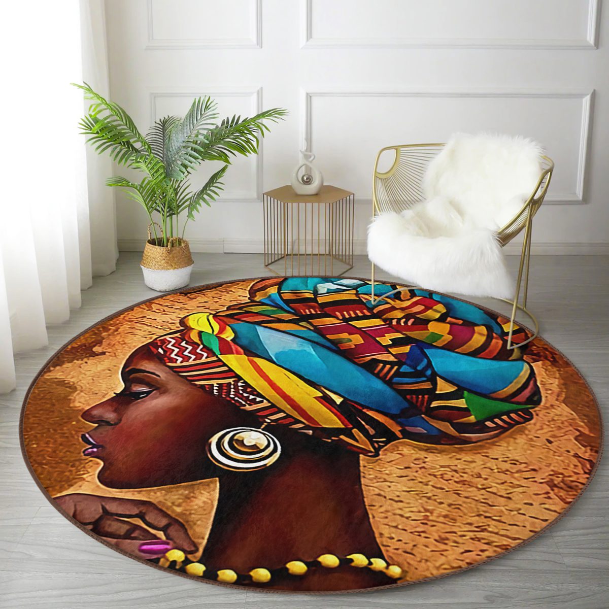 African Woman Çizimli Dijital Baskılı Modern Kahverengi Outdoor Yıkanabilir Kaymaz Tabanlı Yuvarlak Halı Realhomes