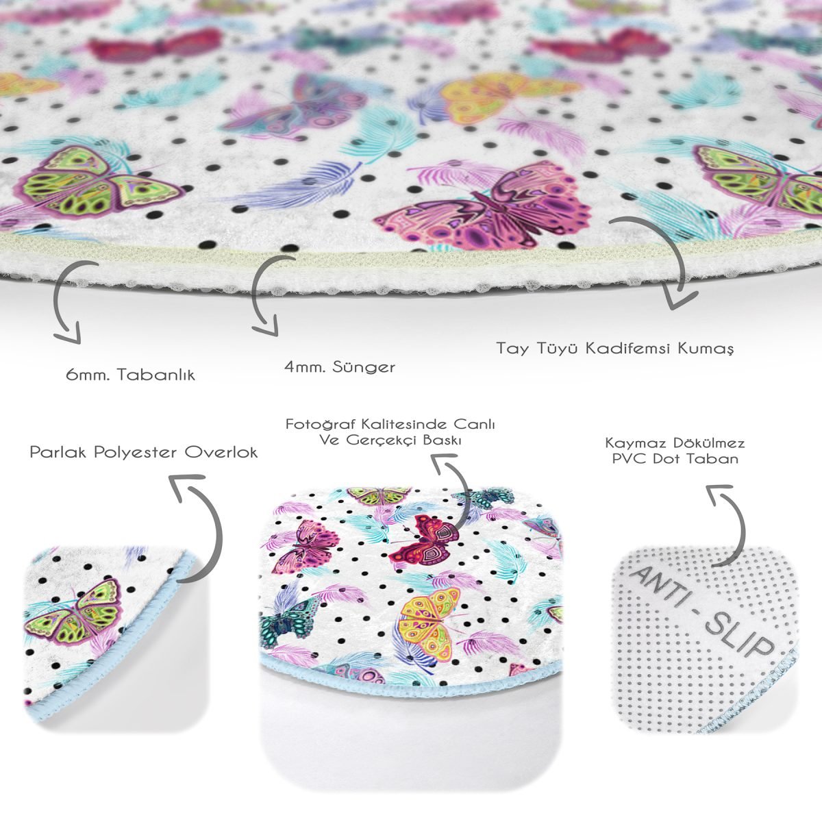 Kelebek Ve Tüy Motifli Dijital Baskılı Özel Tasarım Modern Renkli Çocuk ve Genç Odası Yıkanabilir Kaymaz Tabanlı Yuvarlak Halı Realhomes