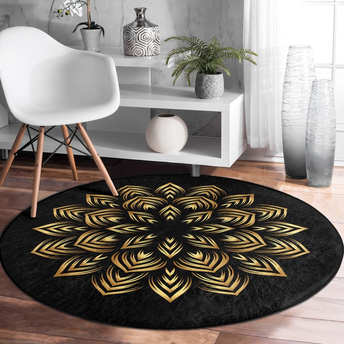 Siyah Zeminde Gold Mandala Motifli Salon ve Oturma Odası Yıkanabilir Kaymaz Tabanlı Yuvarlak Halı Realhomes