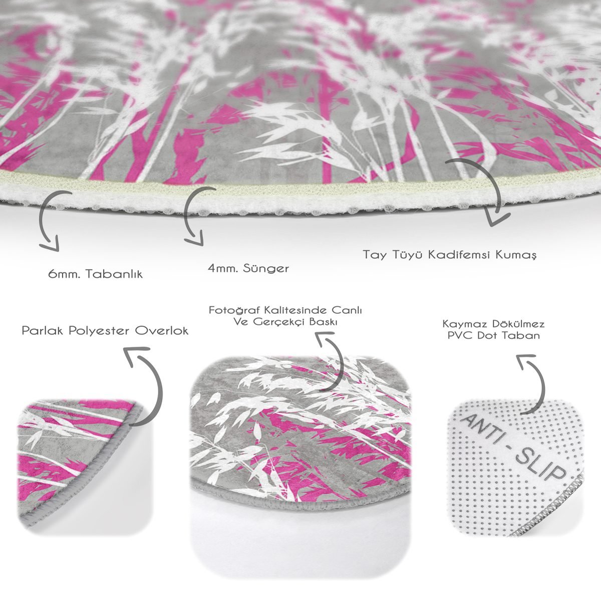 Gri Zeminde Fuşya Ve Beyaz Çiçek Tasarımlı Salon ve Oturma Odası Yıkanabilir Kaymaz Tabanlı Yuvarlak Halı Realhomes