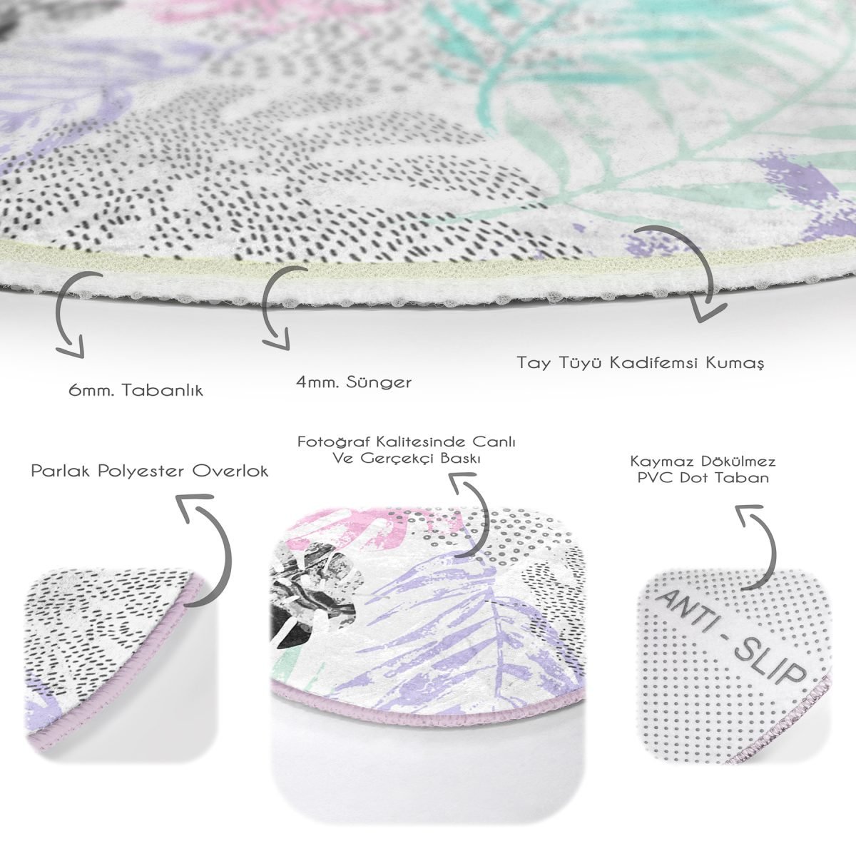Beyaz Zeminde Sulu Boya Renkli Yaprak Çizimli Modern Pembe Mutfak Yıkanabilir Kaymaz Tabanlı Yuvarlak Halı Realhomes