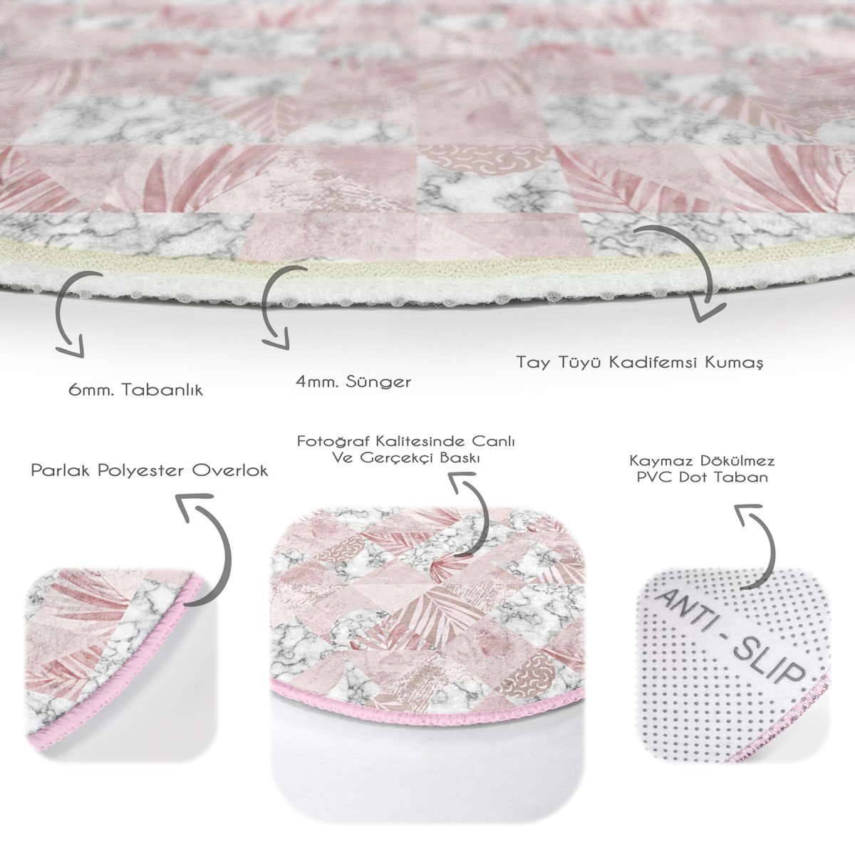 Mermer Desen Temalı Geometrik Yaprak Motifli Renkli Salon ve Oturma Odası Yıkanabilir Kaymaz Tabanlı Yuvarlak Halı Realhomes