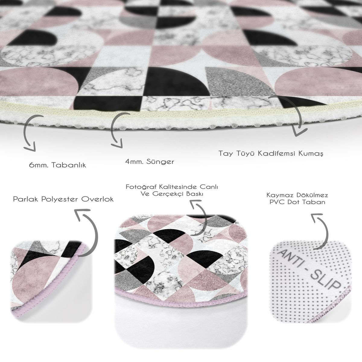 Geometrik Şekiller İçerisinde Fuşya Mermer Desenli Modern Renkli Mutfak Yıkanabilir Kaymaz Tabanlı Yuvarlak Halı Realhomes
