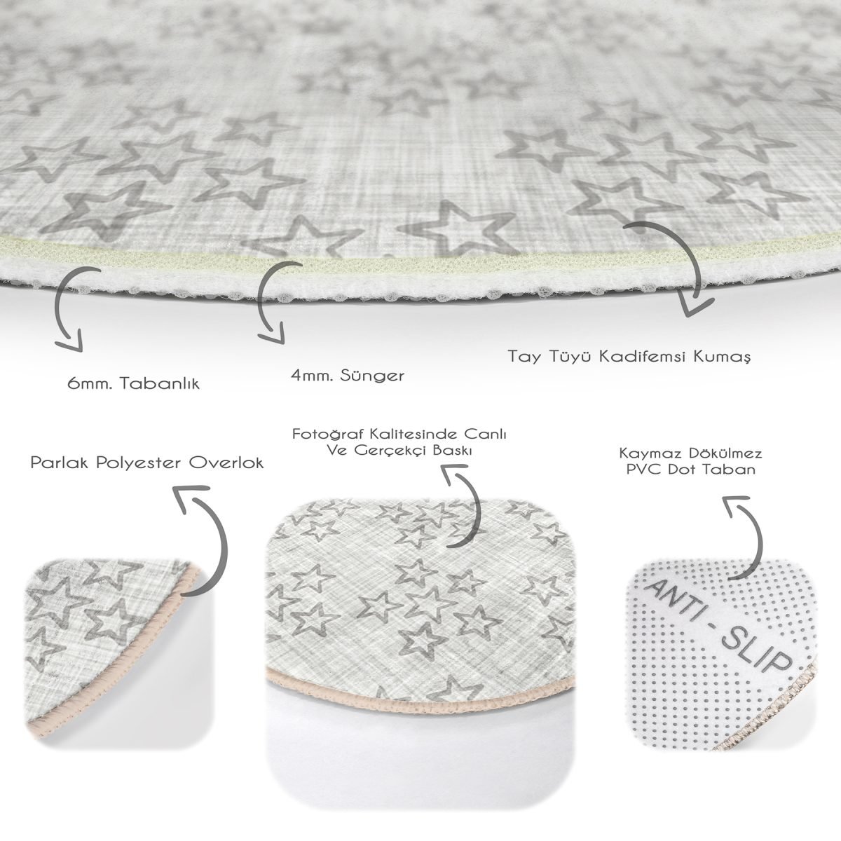 Kot Zeminli Yıldız Motifli Dijital Baskılı Gri Çocuk ve Genç Odası Yıkanabilir Kaymaz Tabanlı Yuvarlak Halı Realhomes