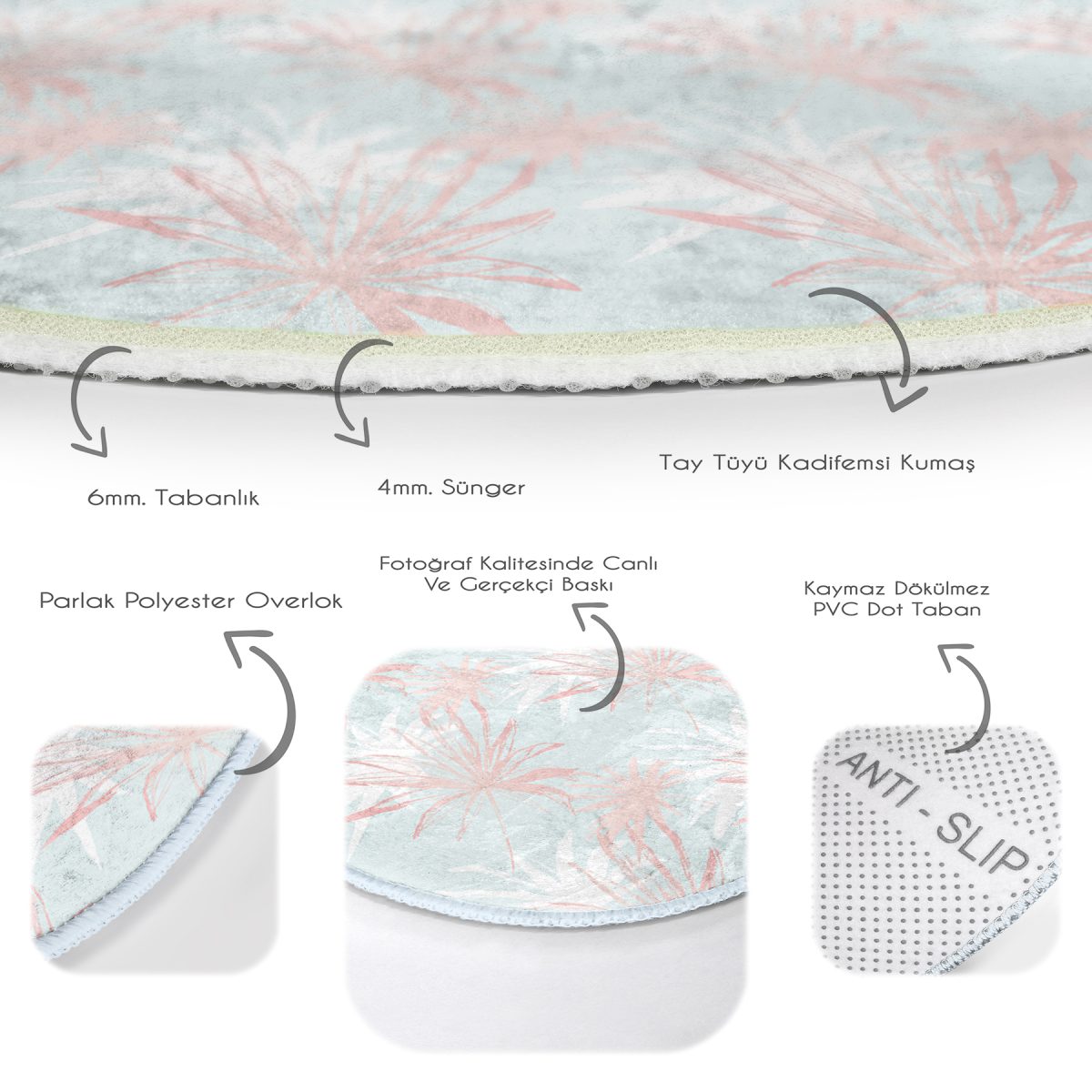Gökyüzü Zeminde Beyaz Ve Pembe Yaprak Tasarımlı Renkli Koridor ve Antre Yıkanabilir Kaymaz Tabanlı Yuvarlak Halı Realhomes
