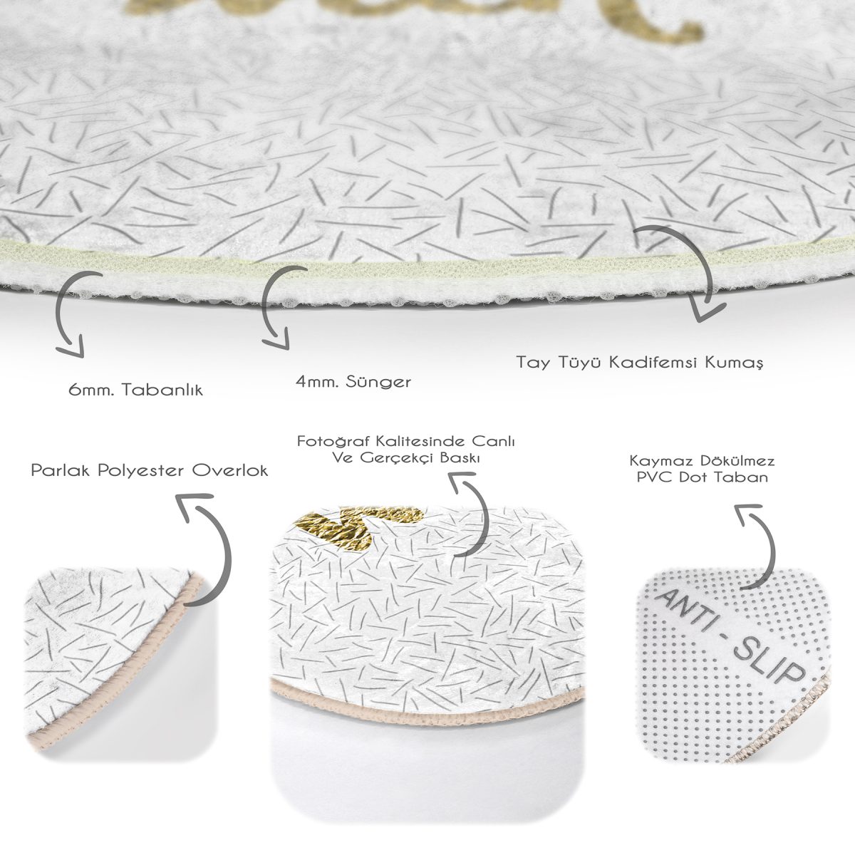 Beyaz Zeminli Gold Renkli With Yazılı Dijital Baskılı Modern Mutfak Yıkanabilir Kaymaz Tabanlı Yuvarlak Halı Realhomes