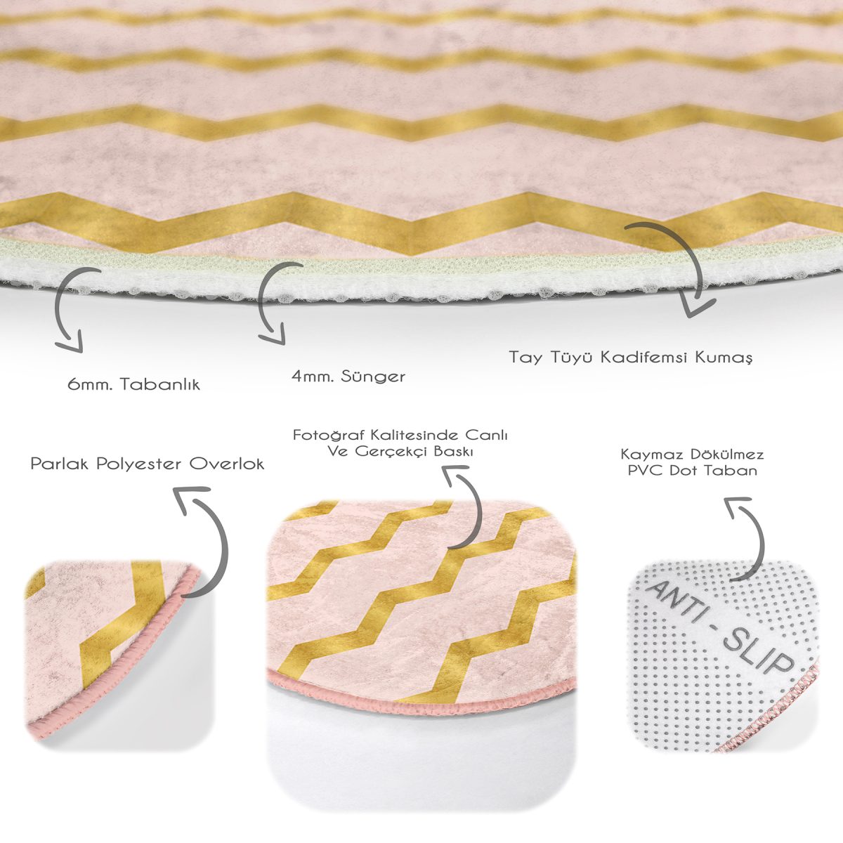 Pudra Zeminde Gold Renkli Zikzak Desenli Dijital Baskılı Modern Pembe Mutfak Yıkanabilir Kaymaz Tabanlı Yuvarlak Halı Realhomes