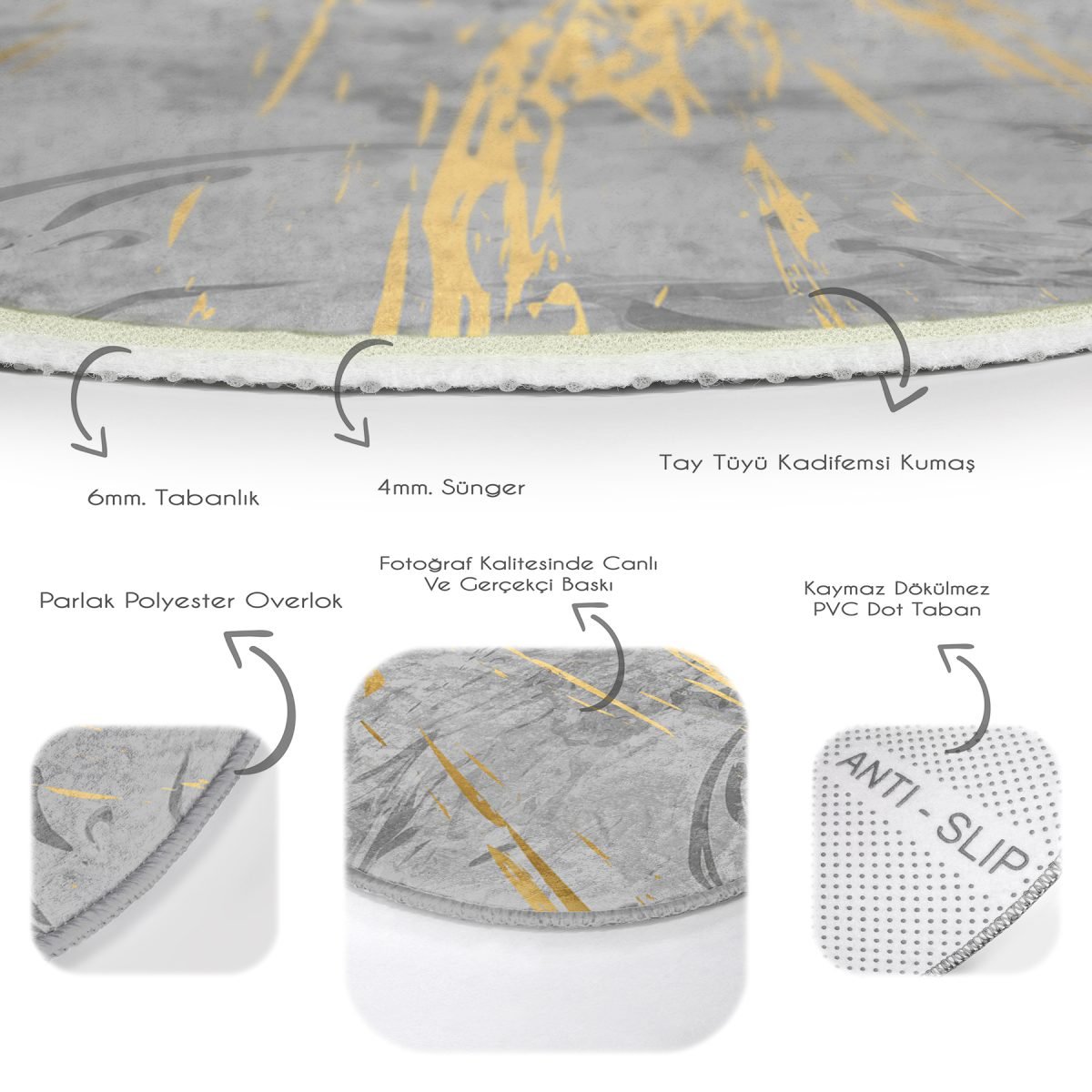Antrasit Zeminde Gold Detaylı Çizim Desenli Dijital Baskılı Modern Gri Salon ve Oturma Odası Kaymaz Tabanlı Yuvarlak Halı Realhomes