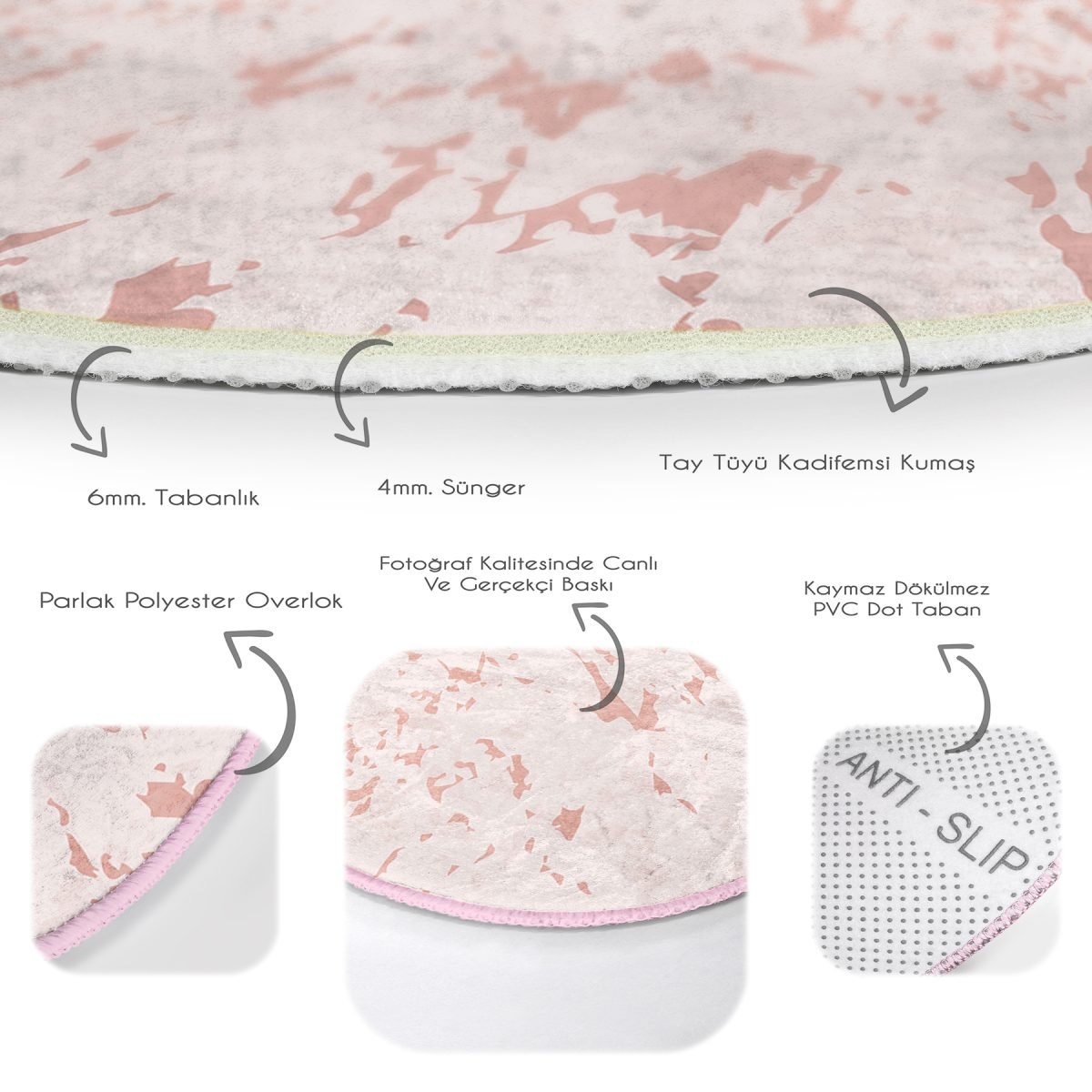 Pudra Zeminde Gölge Desenli Dijital Baskılı Modern Pembe Yatak Odası Yıkanabilir Kaymaz Tabanlı Yuvarlak Halı Realhomes