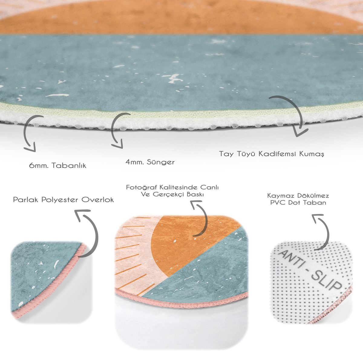 Pastel Zeminde Güneş Desenli Dijital Baskılı Modern Renkli Balkon Yıkanabilir Kaymaz Tabanlı Yuvarlak Halı Realhomes
