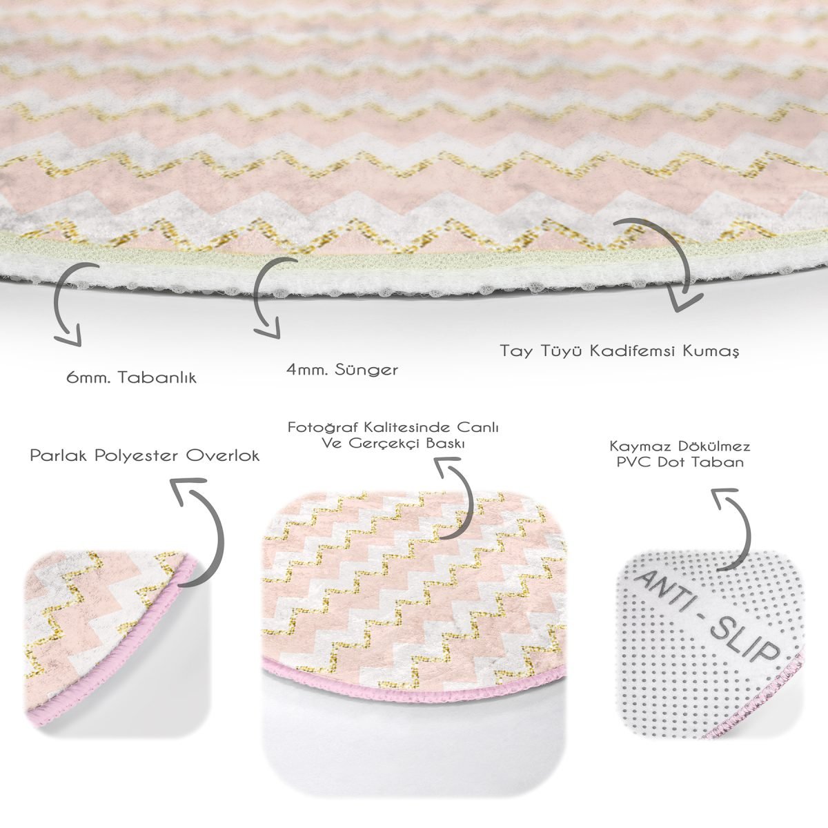 Pembe Zeminde Gold Detaylı Renkli Zikzak Desenli Dijital Baskılı Modern Yatak Odası Yıkanabilir Kaymaz Tabanlı Yuvarlak Halı Realhomes