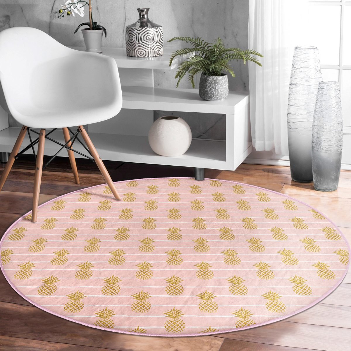 Pastel Zeminde Gold Renkli Ananas Desenli Dijital Baskılı Modern Pembe Mutfak Yıkanabilir Kaymaz Tabanlı Yuvarlak Halı Realhomes