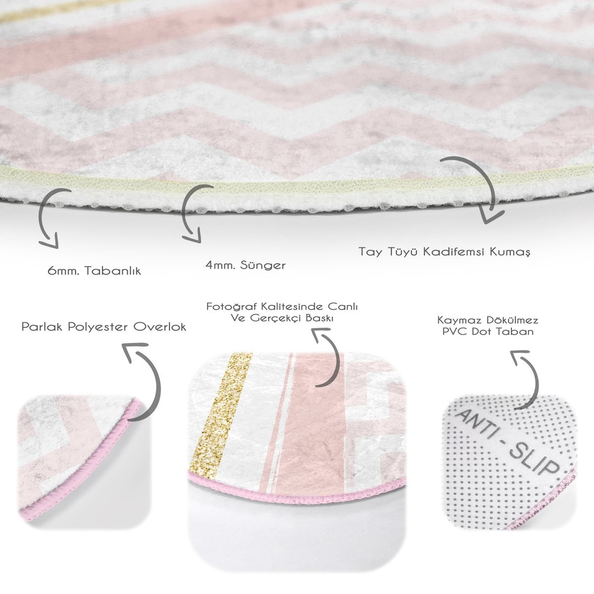 Renkli Zeminde Gold Detaylı Geometrik Çizimli Dijital Baskılı Modern Pembe Çocuk ve Genç Odası Kaymaz Tabanlı Yuvarlak Halı Realhomes