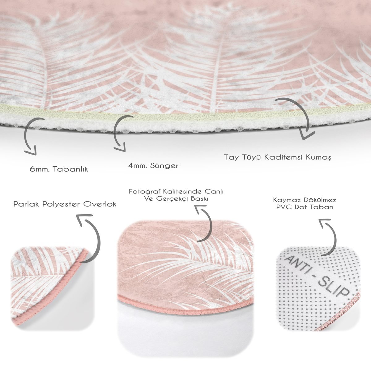 Pastel Zeminde Beyaz Yaprak Desenli Dijital Baskılı Modern Pembe Salon ve Oturma Odası Yıkanabilir Kaymaz Tabanlı Yuvarlak Halı Realhomes