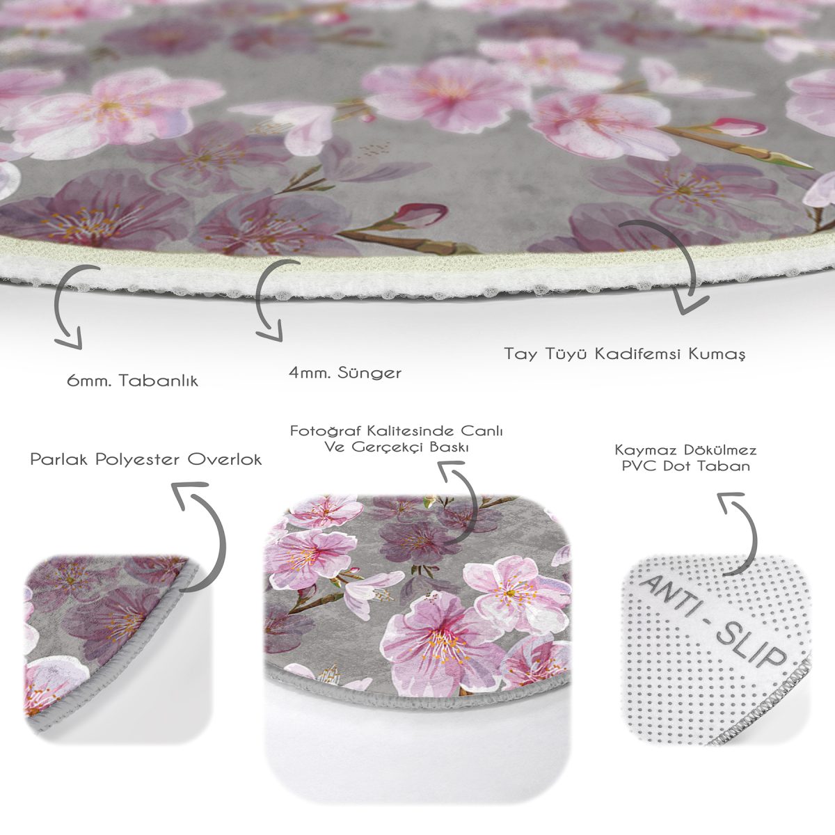 Renkli Zeminde Çiçek Desenli Dijital Baskılı Modern Pembe Yatak Odası Yıkanabilir Kaymaz Tabanlı Yuvarlak Halı Realhomes