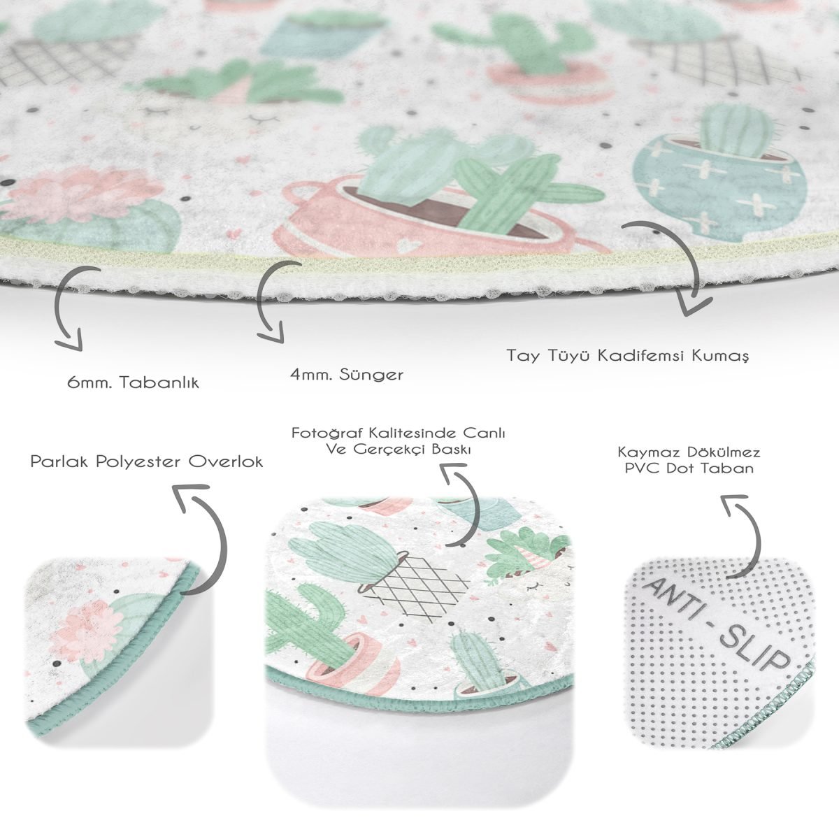 Beyaz Zeminde Renkli Kaktüs Desenli Dijital Baskılı Modern Pembe Çocuk ve Genç Odası Yıkanabilir Kaymaz Tabanlı Yuvarlak Halı Realhomes