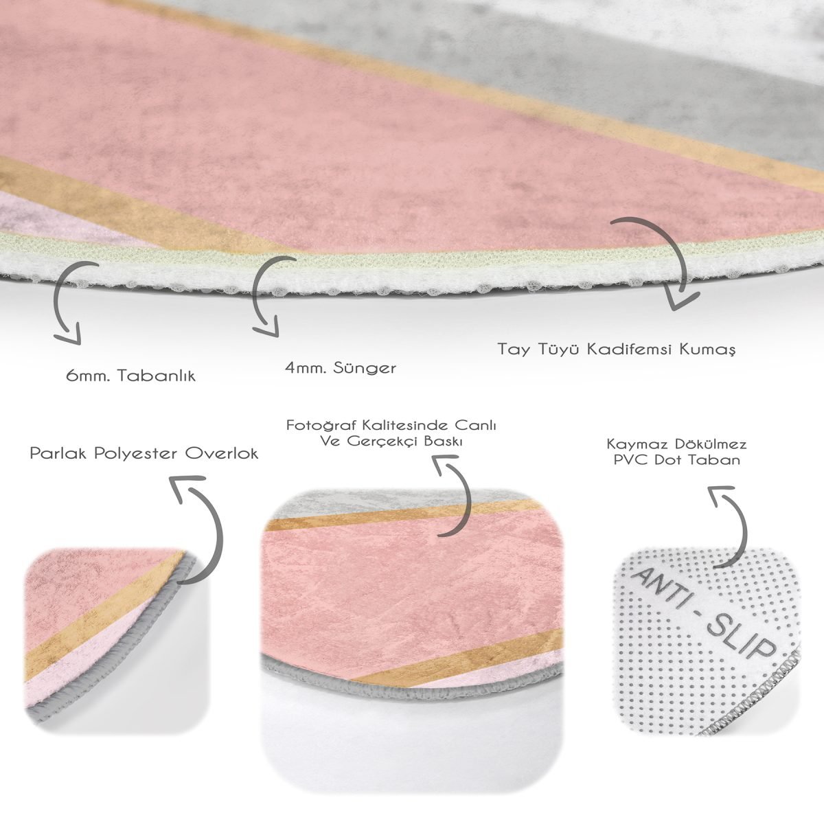 Renkli Geometrik Desenli Mermer Motifli Dijital Baskılı Modern Pembe Banyo Yıkanabilir Kaymaz Tabanlı Yuvarlak Halı Realhomes