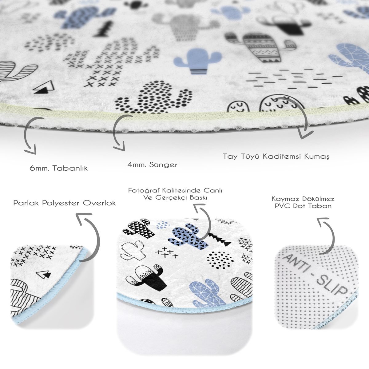 Soft Kaktüs Tasarımlı Dijital Baskılı Lacivert Çocuk ve Genç Odası Yıkanabilir Kaymaz Tabanlı Yuvarlak Halı Realhomes