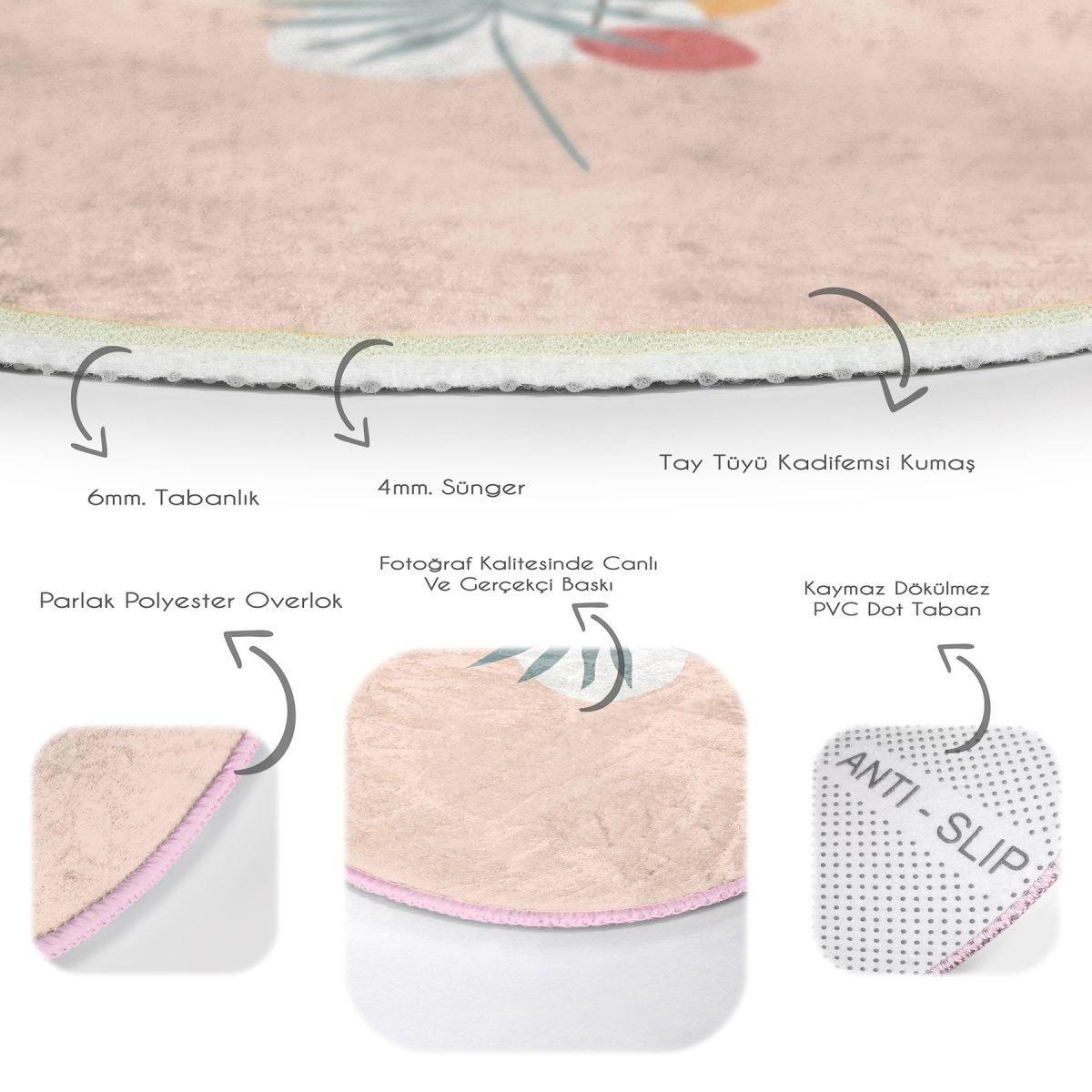 Pudra Zemin Tropik Yaprak Tasarımlı Pembe Salon ve Oturma Odası Yıkanabilir Kaymaz Tabanlı Yuvarlak Halı Realhomes